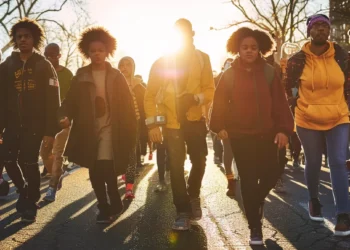 a powerful and inspiring photo of a diverse group of people marching peacefully in unity, honoring martin luther king jr.'s legacy in shaping modern politics.