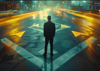 a focused leader standing at a crossroads, carefully weighing risks and opportunities, with arrows pointing in different directions symbolizing strategic decision making in leadership.