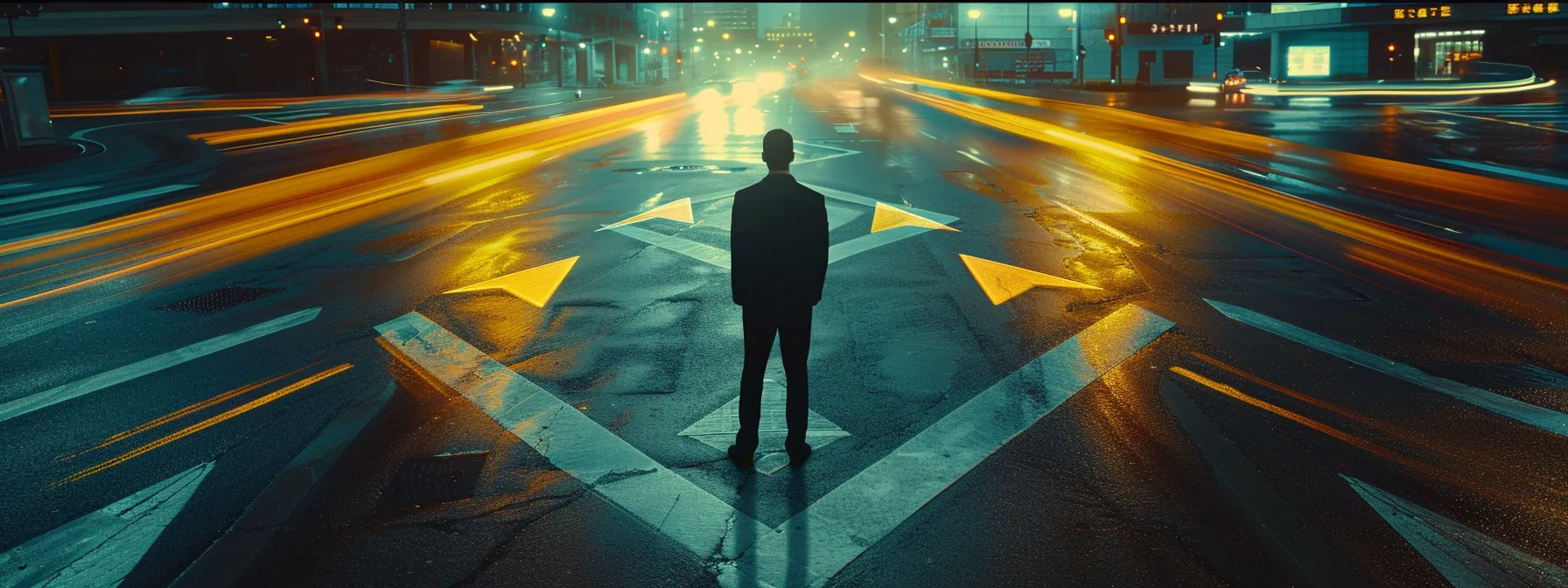 a focused leader standing at a crossroads, carefully weighing risks and opportunities, with arrows pointing in different directions symbolizing strategic decision making in leadership.