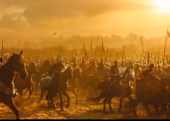 a vast army of soldiers marching triumphantly across a sun-drenched battlefield, with alexander the great astride a majestic horse at the forefront, his golden armor gleaming in the sunlight.