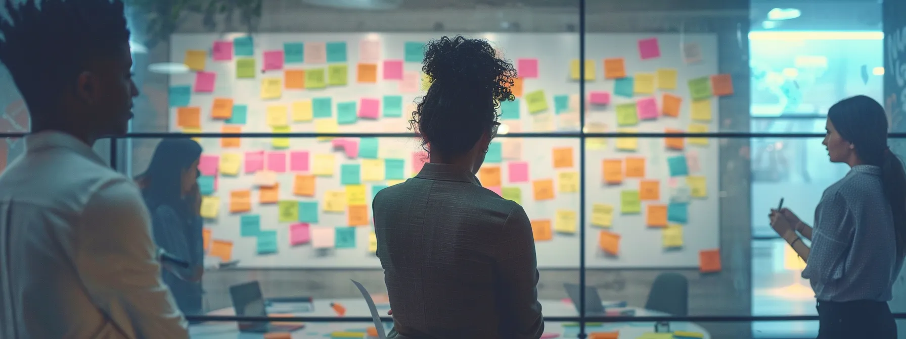 a diverse team brainstorming ideas with colorful sticky notes covering a whiteboard in a modern office setting.