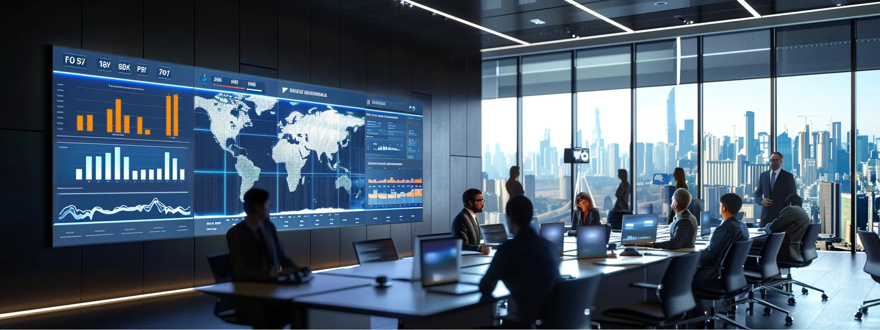 a group of executives in a modern boardroom, engaged in intense discussion with charts and graphs displayed on a large screen in the background.