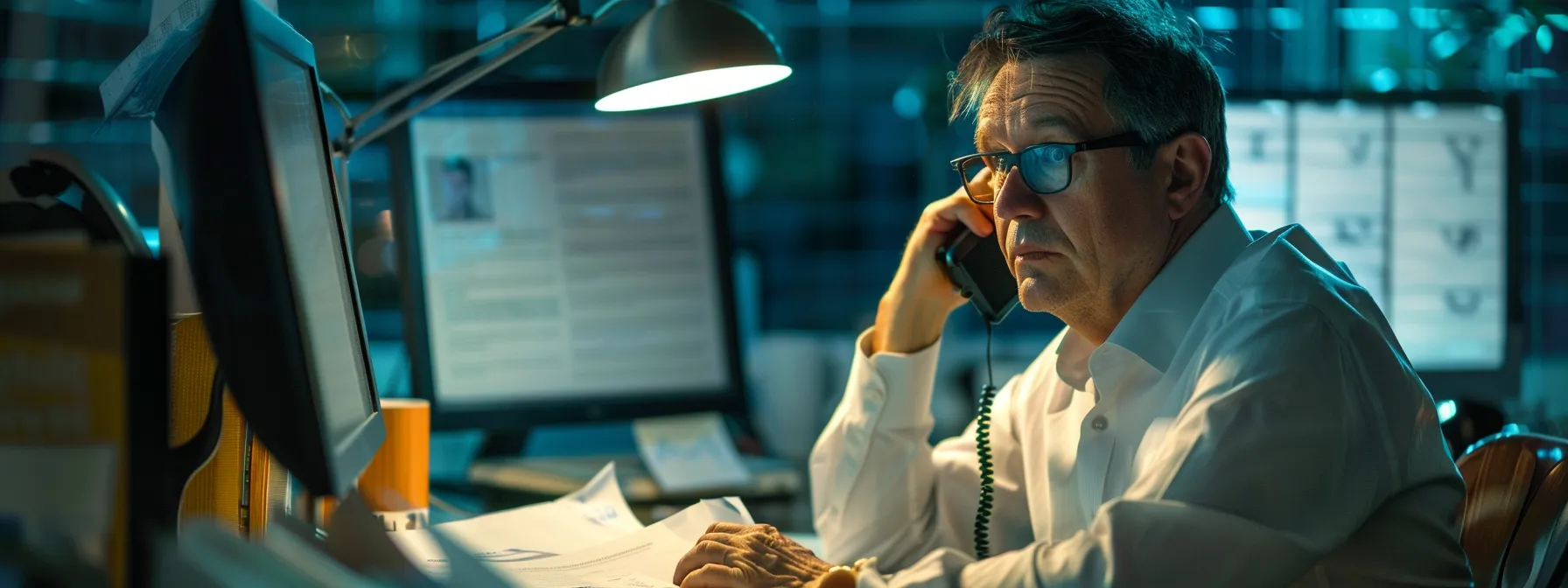 a person sitting at a desk, surrounded by paperwork and talking on the phone with a serious expression, while a computer displays legal advice websites in the background.