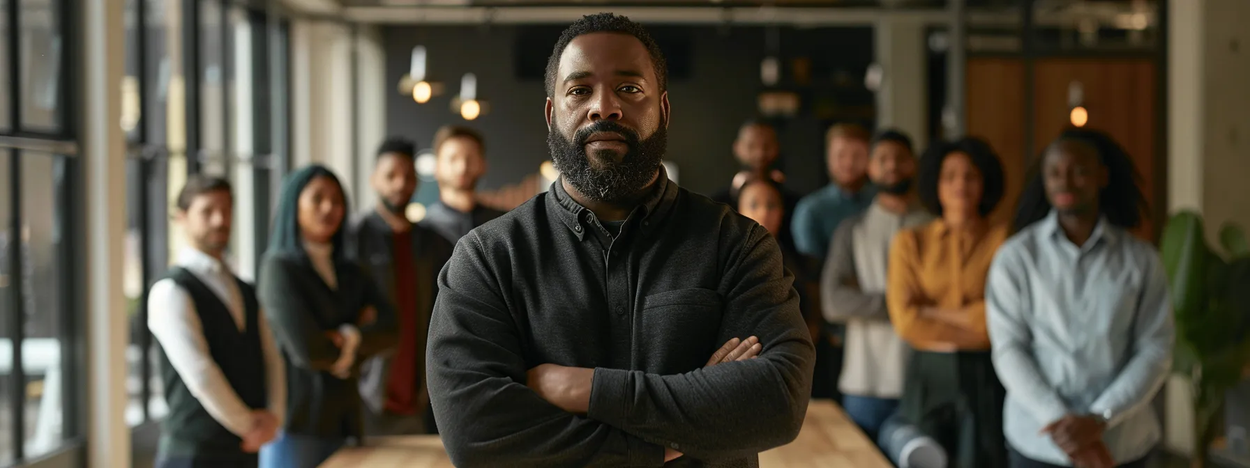 a leader standing in a humble pose, surrounded by a diverse group of curious team members in a creative and innovative workspace.