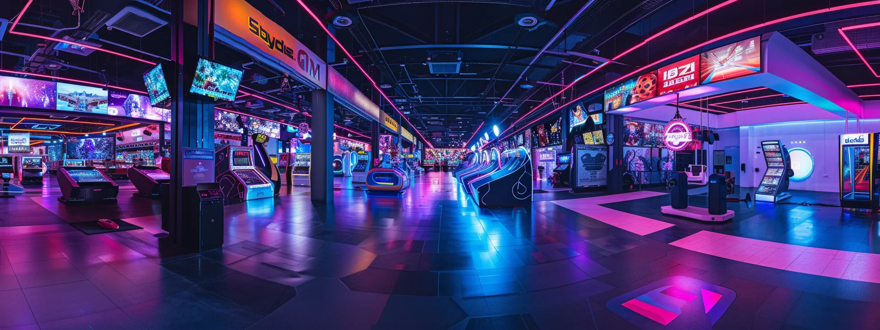 step into a futuristic arena filled with neon lights and high-tech equipment, immersing players in a virtual reality gaming experience like never before.