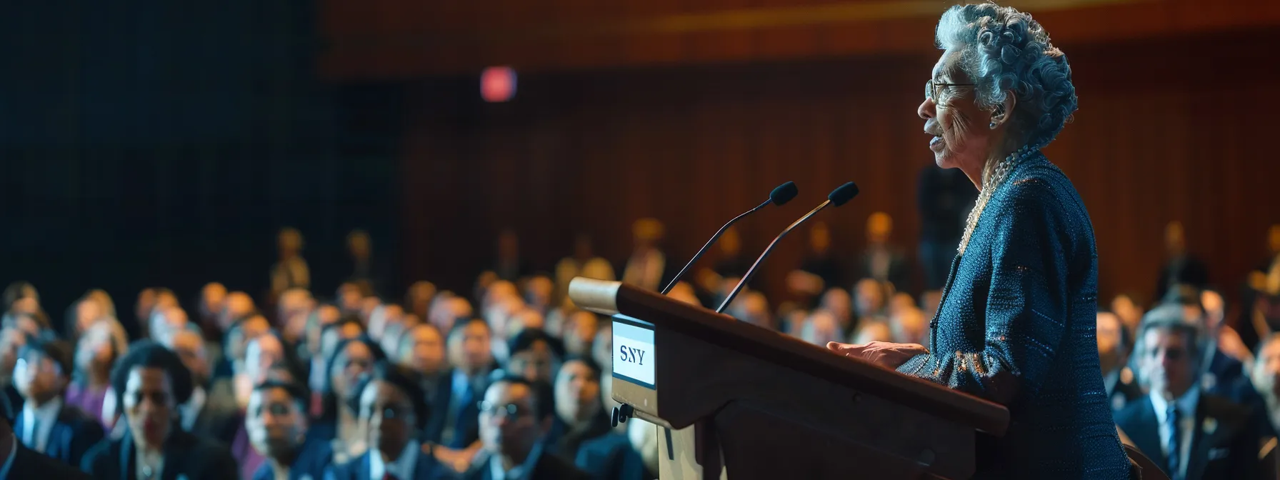 eleanor roosevelt stands confidently at a podium, leading a diverse group of international delegates in deep discussion on human rights, her determination and resolve evident in her expression.