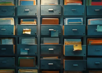 an organized filing cabinet filled with neatly labeled folders containing emails and memos of varying colors and sizes, symbolizing efficient workplace defense.