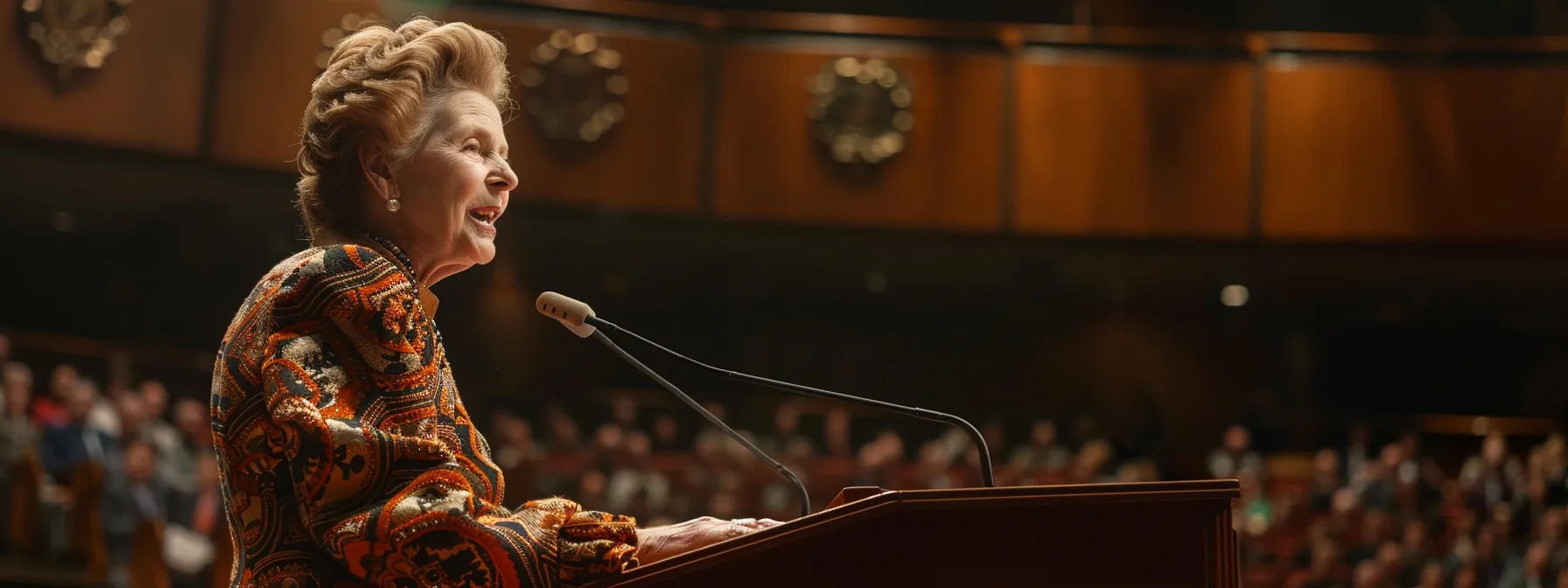 a determined margaret thatcher confidently stands at a podium, addressing a crowd of supporters during her early political campaign.