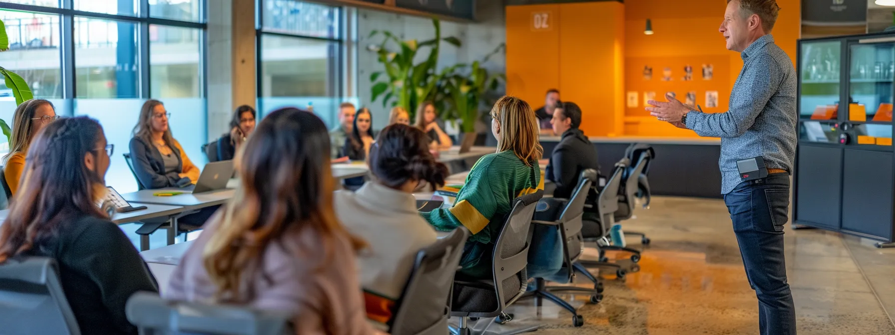 a leader confidently addressing a diverse team, engaging in active listening, fostering connection and understanding.