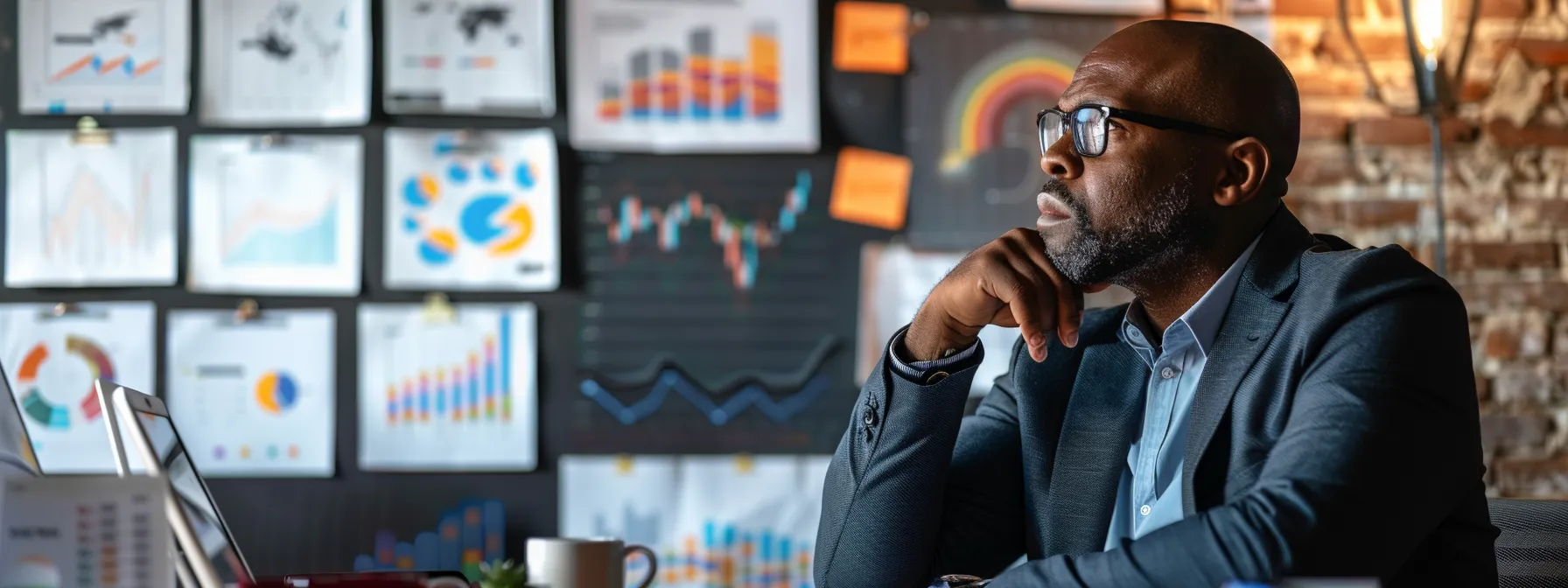 an executive sitting at a desk surrounded by charts and graphs, deep in thought while analyzing data for strategic decision-making.