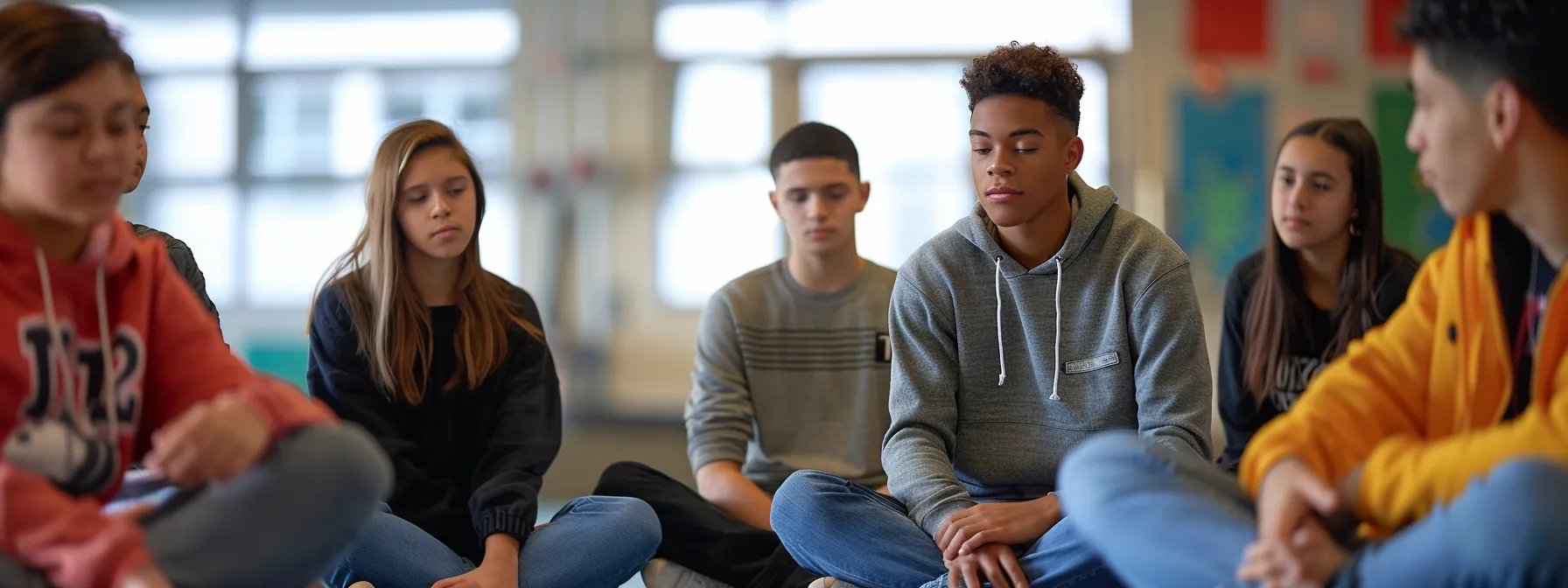 a diverse group of students engaging in a peaceful mediation session in a school setting, fostering trust and acceptance among peers.