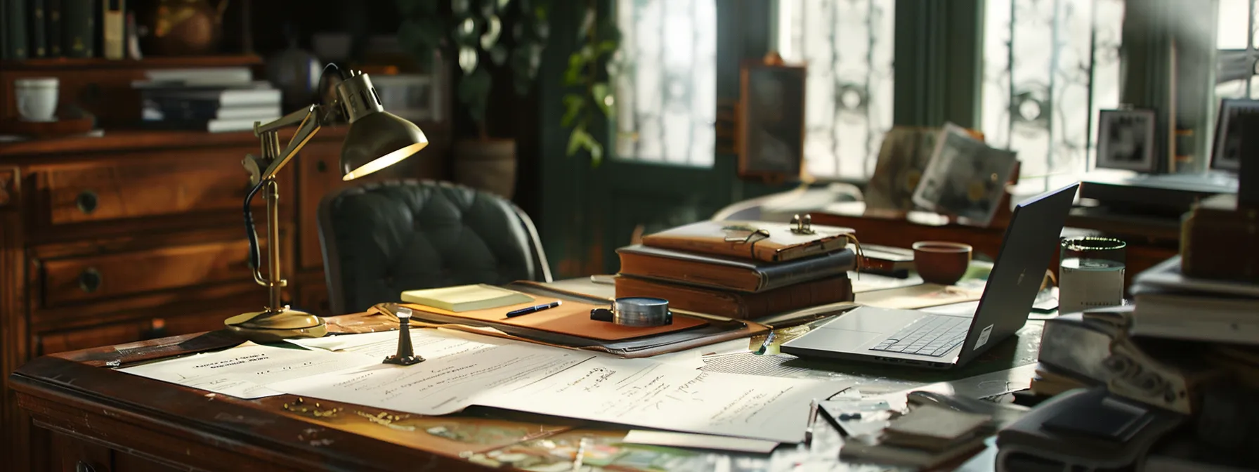 a desk with a laptop open, displaying a template for a character reference letter, surrounded by papers and pens for customization.