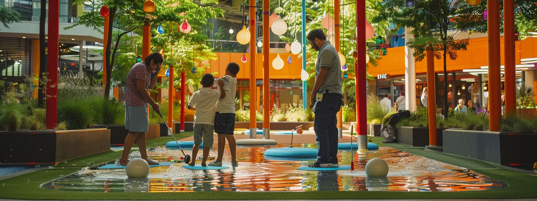 a family happily playing golf together at a vibrant topgolf venue, surrounded by colorful targets and lush greenery.