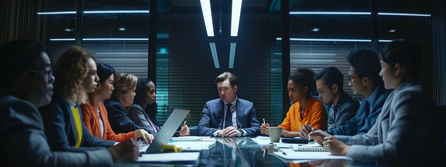 a group of diverse leaders gather around a table, analyzing data and engaging in collaborative decision-making during a crisis.