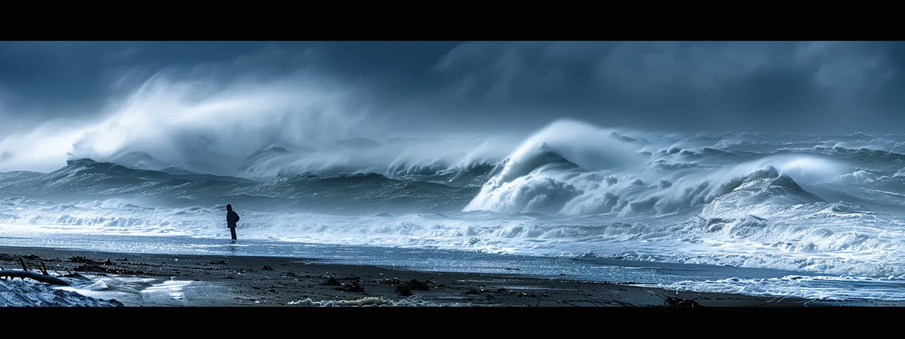 a lone figure stands defiantly on a windswept beach, waves crashing in the background, embodying churchill's message of resilience and determination.