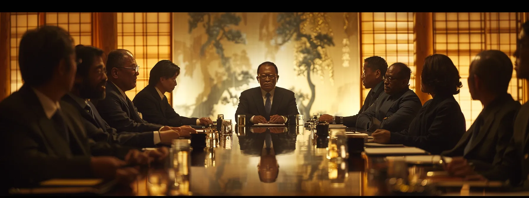 a mediator sitting at a table, surrounded by a diverse group of individuals, maintaining a neutral and fair demeanor, symbolizing the balance of neutrality and fairness in mediation.