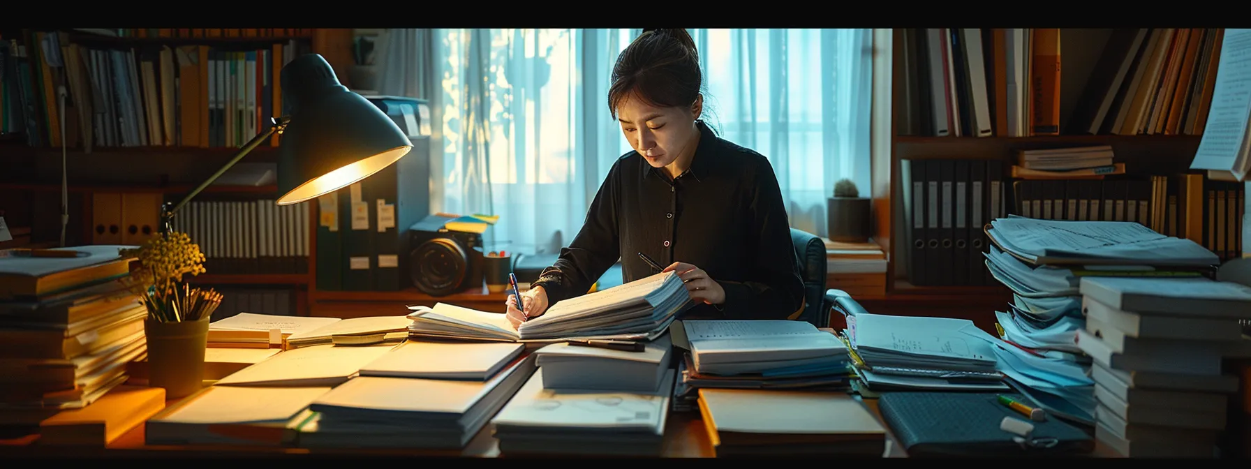 a person calmly organizing files and documents in a well-lit office setting.