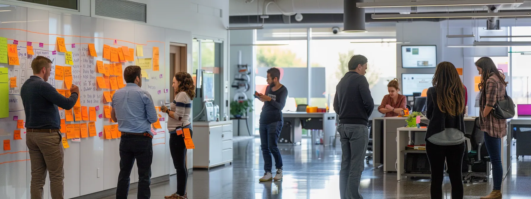 a diverse group of employees brainstorming ideas in a modern, brightly-lit office space, surrounded by whiteboards and colorful sticky notes.