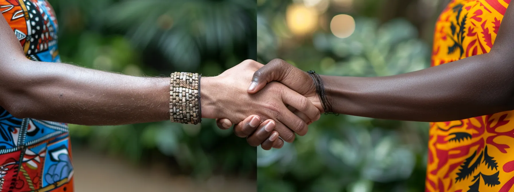 two people from different cultural backgrounds shaking hands with a smile, overcoming barriers to achieve a win-win outcome.