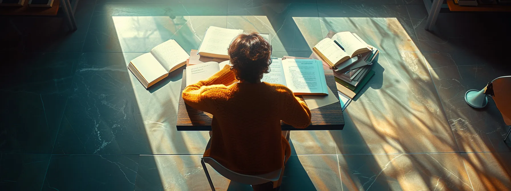 a person sitting alone at a table, deep in thought, surrounded by open notebooks and pens, reflecting on past conversations.