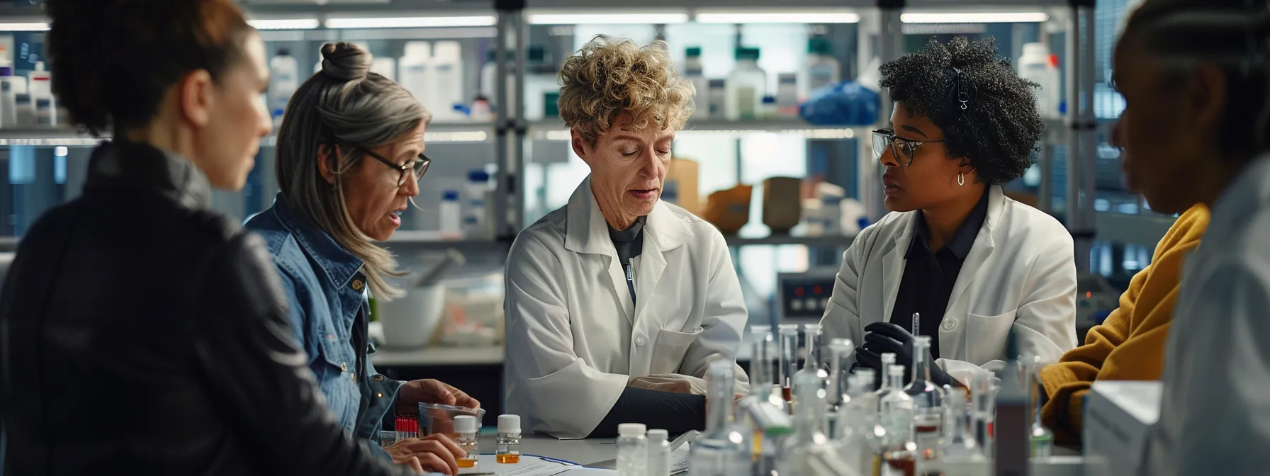 a diverse group of pioneering women in science and technology, surrounded by scientific equipment in a modern laboratory setting.