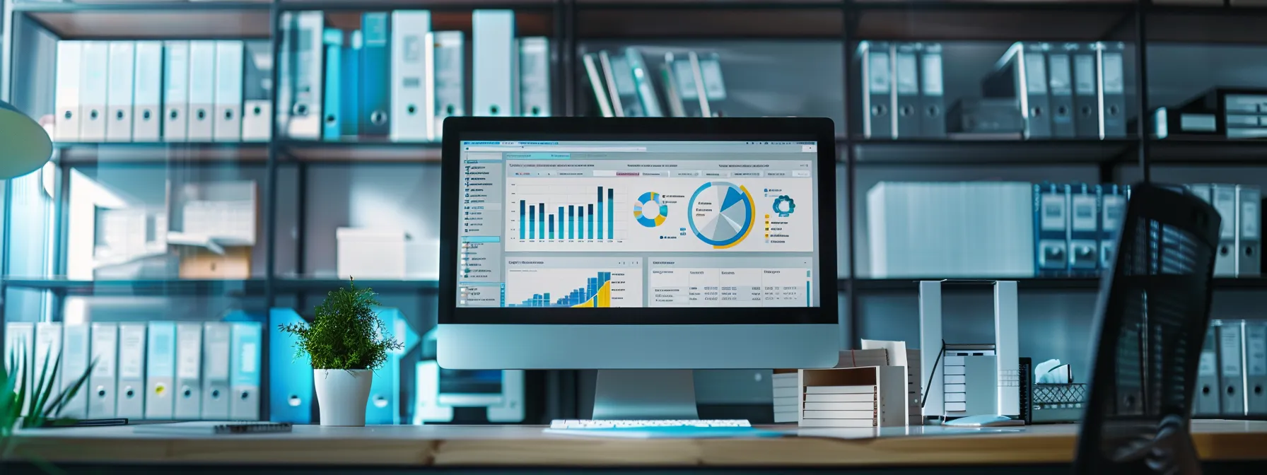 a sleek, modern office desk with a computer screen displaying a dashboard of automated retention management tools, surrounded by files neatly organized in a shelf.