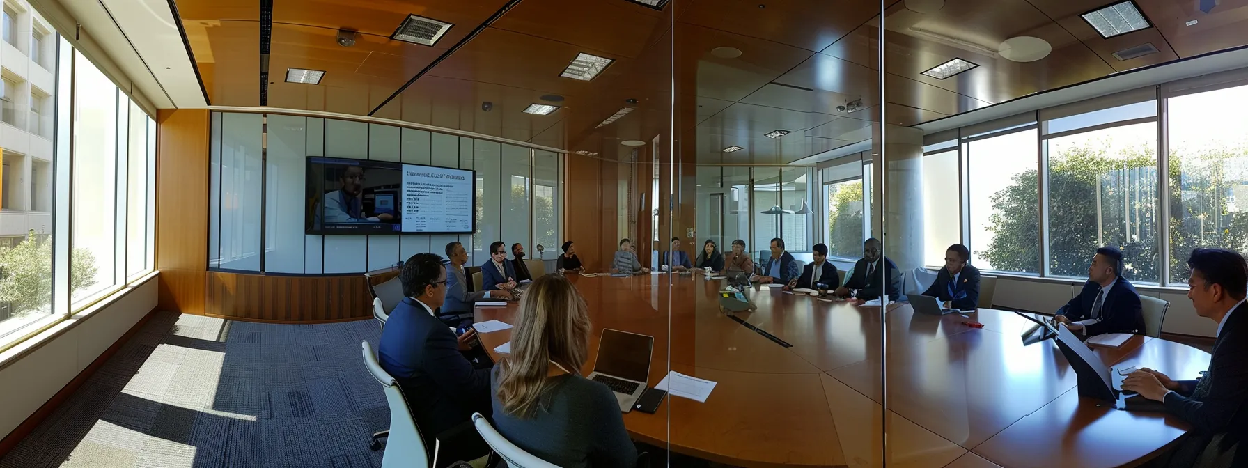 a group of employees meeting with a lawyer in a conference room, discussing their rights and collective bargaining agreements.