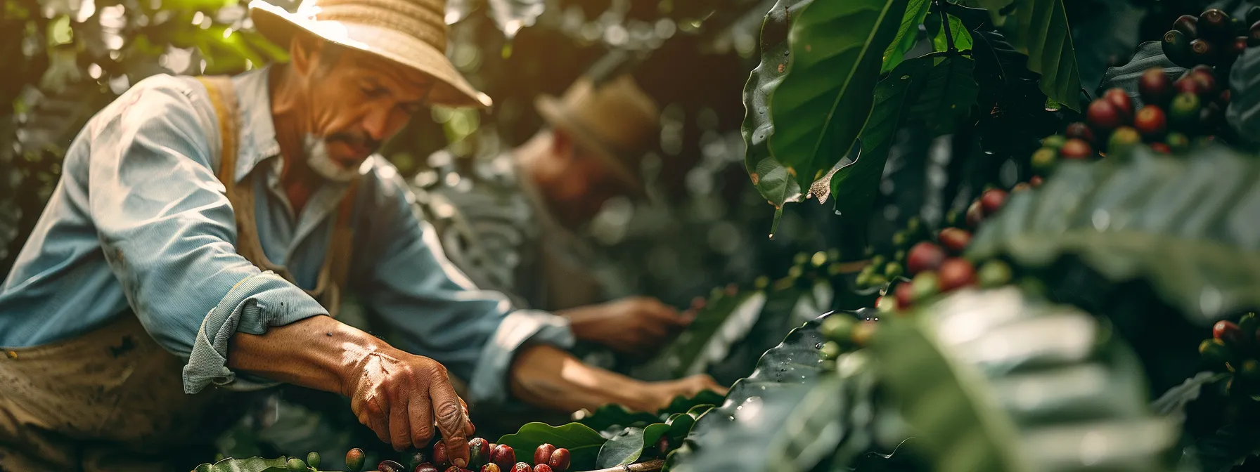 a lush coffee farm with workers picking ripe beans under the shade of a canopy of trees, showcasing ethical sourcing and fair compensation in the industry.