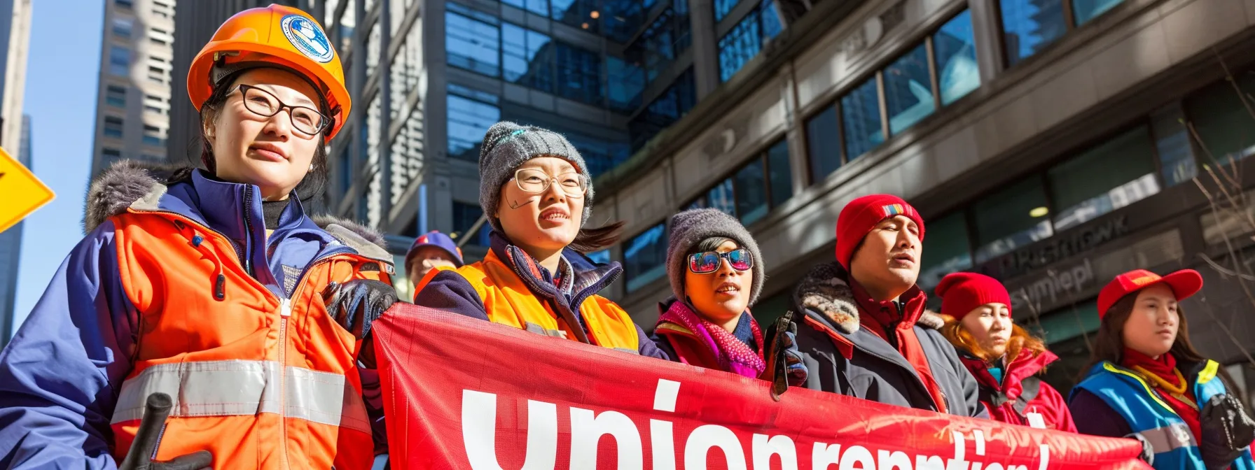 a group of diverse workers standing together, united under a banner bearing the words 