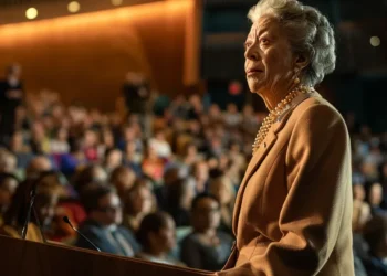 eleanor roosevelt standing confidently before a diverse crowd at the united nations, a symbol of empowerment and advocacy for global human rights.