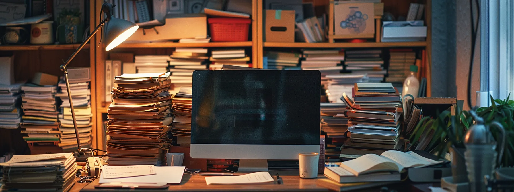 a cluttered desk with stacks of old emails and a secure digital archive system in the background, highlighting the need for effective email retention policies.