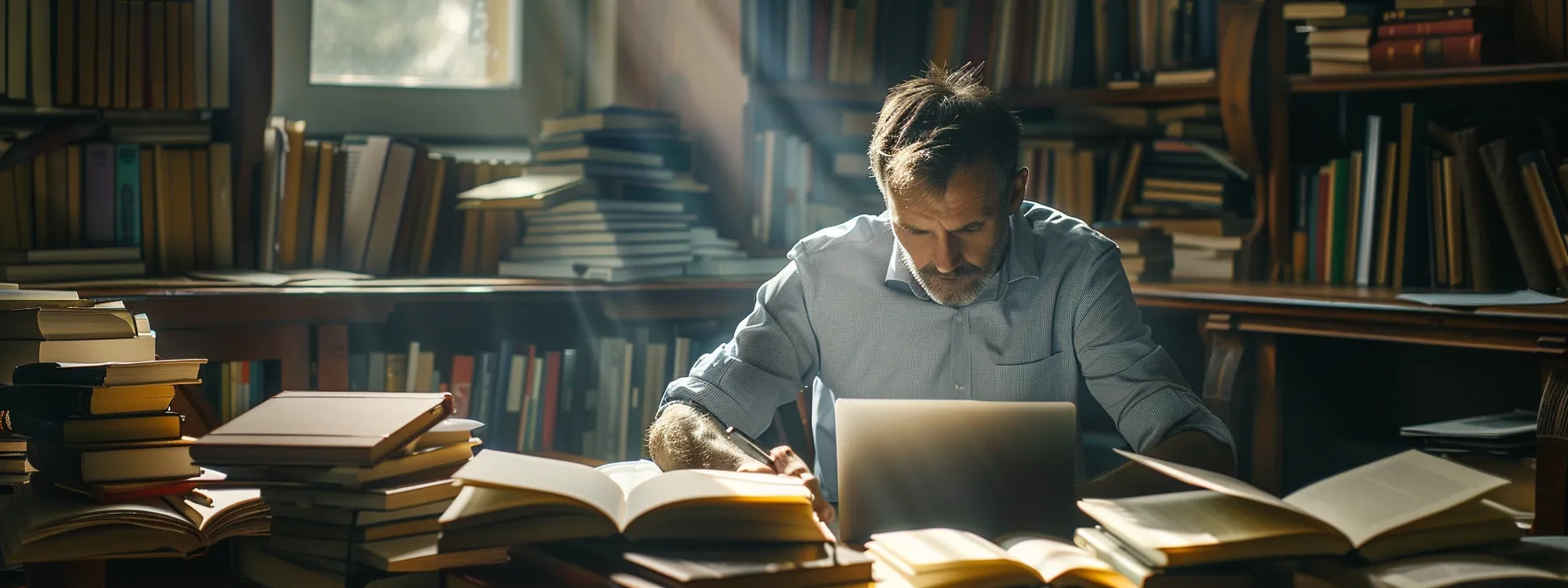 a determined leader surrounded by books, documents, and a laptop, eagerly absorbing knowledge and seeking self-improvement opportunities.