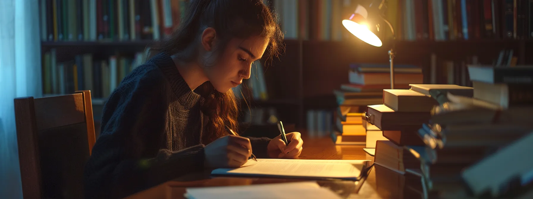 a focused individual studying legal documents and ethics at a tidy desk under bright lighting.