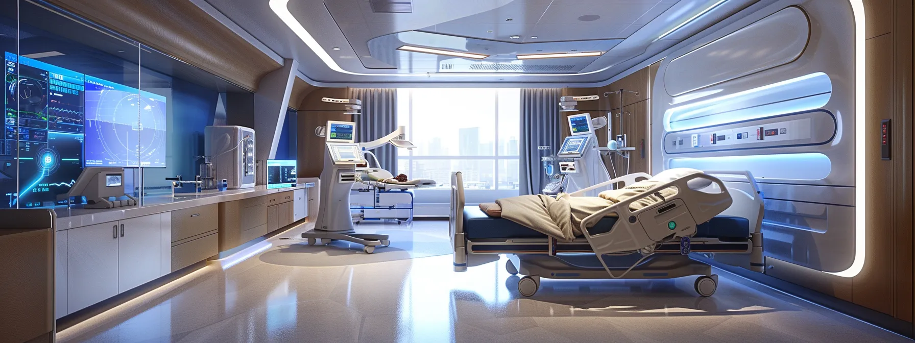 a futuristic hospital room with advanced medical equipment and digital interfaces, showcasing the integration of technology in patient care.