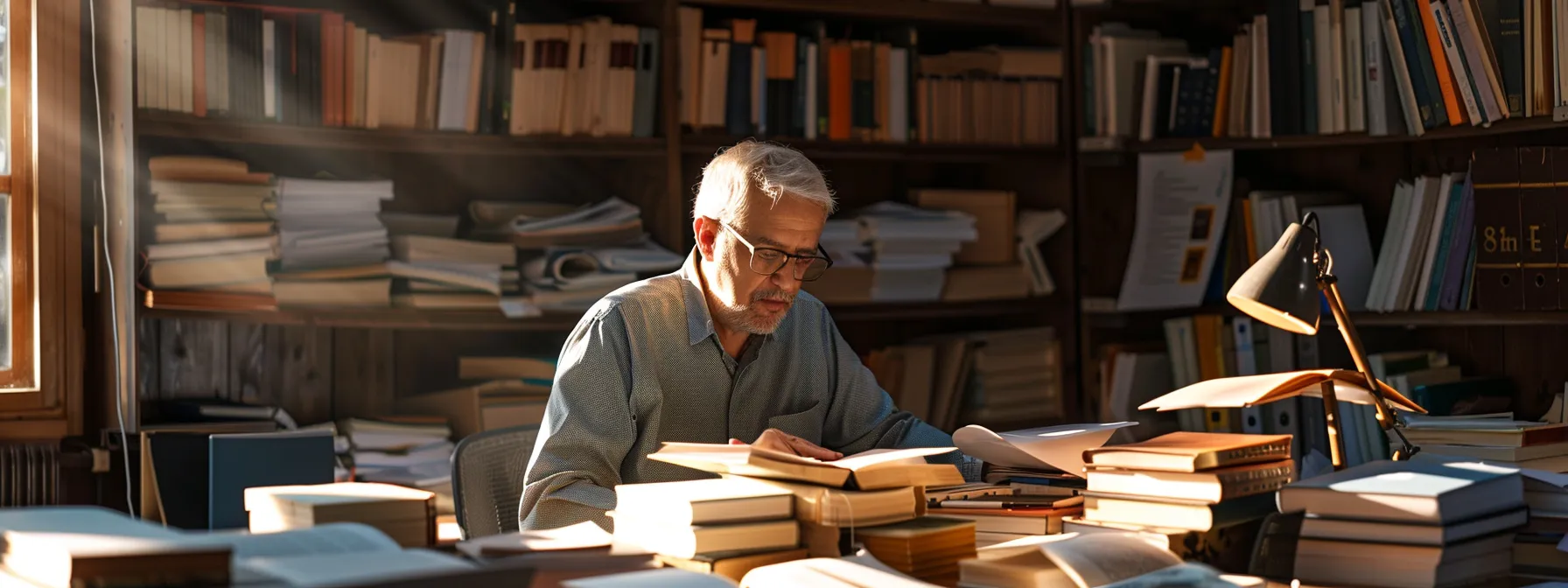 a determined leader, surrounded by books, charts, and a mentor, reflecting on past challenges to refine problem-solving skills.