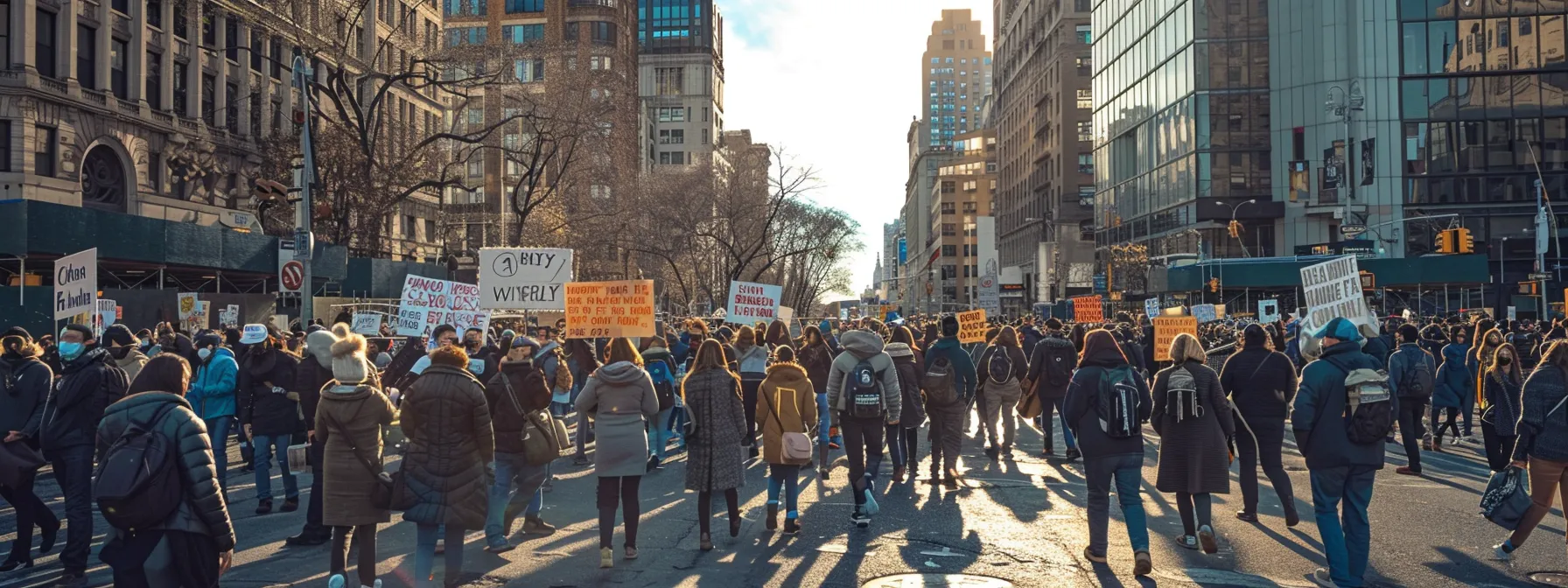 a diverse group of people peacefully marching with signs and banners in a city square, advocating for social justice and equality.