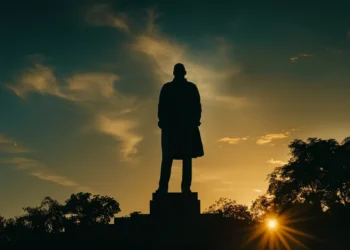 a silhouette of a statue of a powerful leader, standing tall and gazing determinedly into the distance.