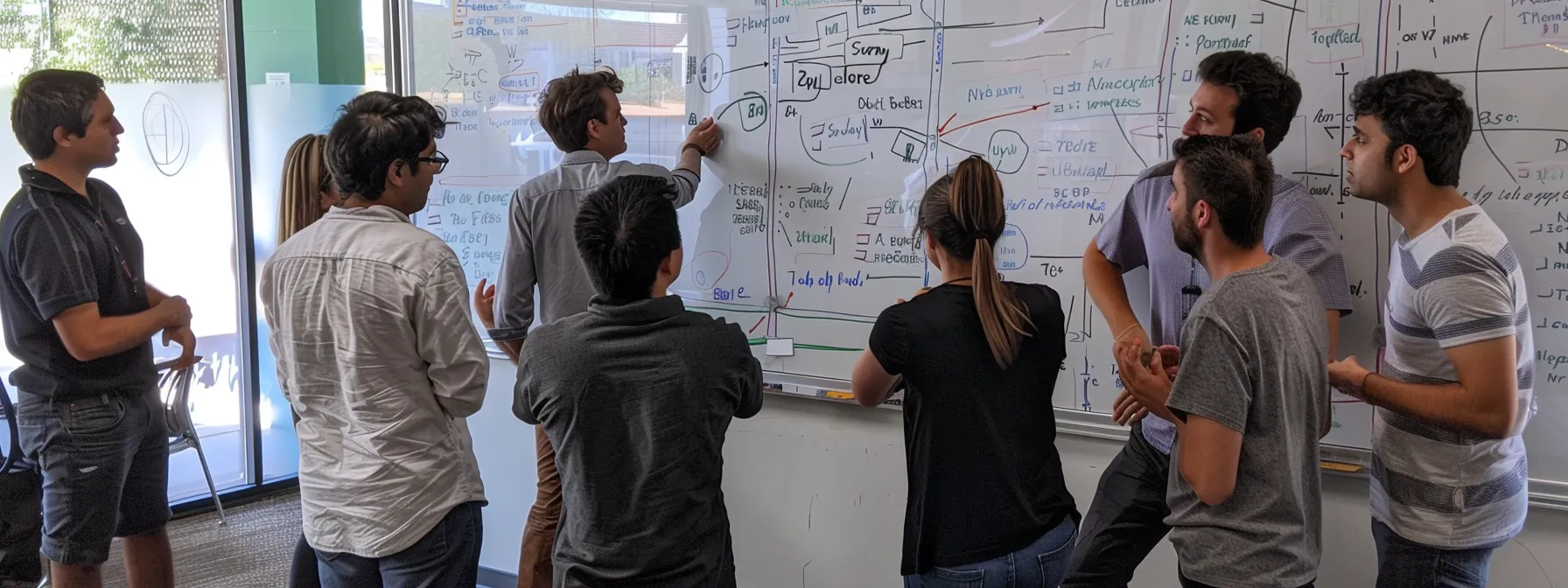 a team of employees gathered around a whiteboard filled with smart objectives and clear role assignments, discussing their contributions and aligning their efforts for project success.