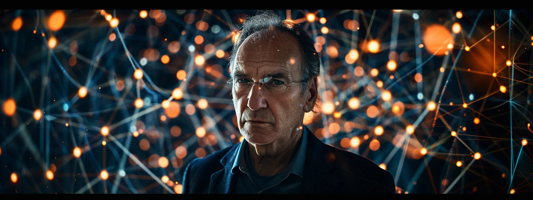 a visionary tim berners-lee, surrounded by a web of interconnected devices, shaping the digital age with determination and innovation.