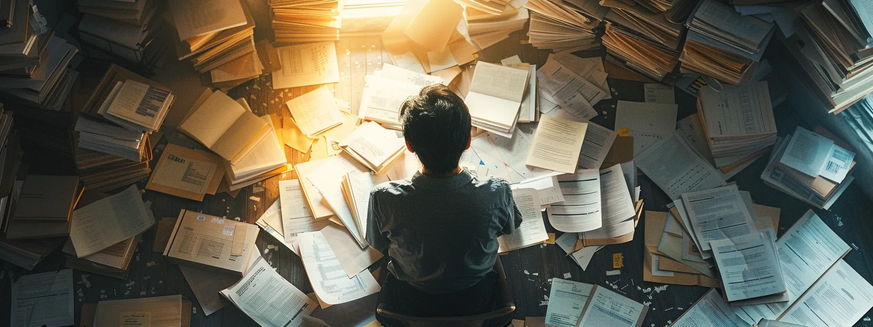 a person surrounded by organized files and notes, setting clear goals and preparing for a productive mediation process.