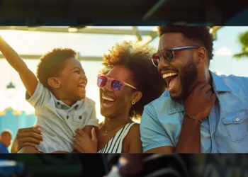 a family laughing and high-fiving as they tee off at topgolf on a sunny day.