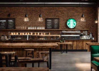 a cozy, rustic coffee shop with exposed brick walls, wooden tables, and warm lighting contrasts with a sleek, modern starbucks store featuring stainless steel countertops and bright green accents.