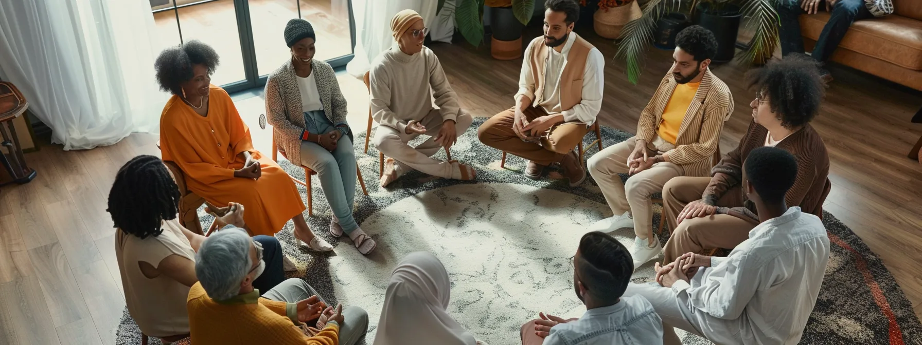 a diverse group of individuals engaged in a circle discussion, listening attentively and gesturing emphatically to resolve intercultural conflicts.