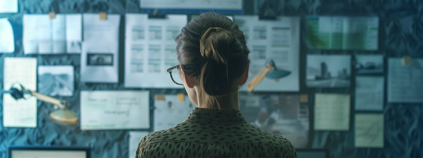 a focused executive assistant reviewing a detailed schedule, surrounded by a variety of professional development resources.