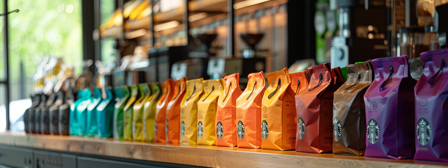 a colorful array of artisan coffee bags displayed next to a sleek starbucks logo, highlighting the contrast in pricing structures.