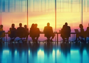 a group of diverse, focused business leaders brainstorming around a sleek, modern conference table.