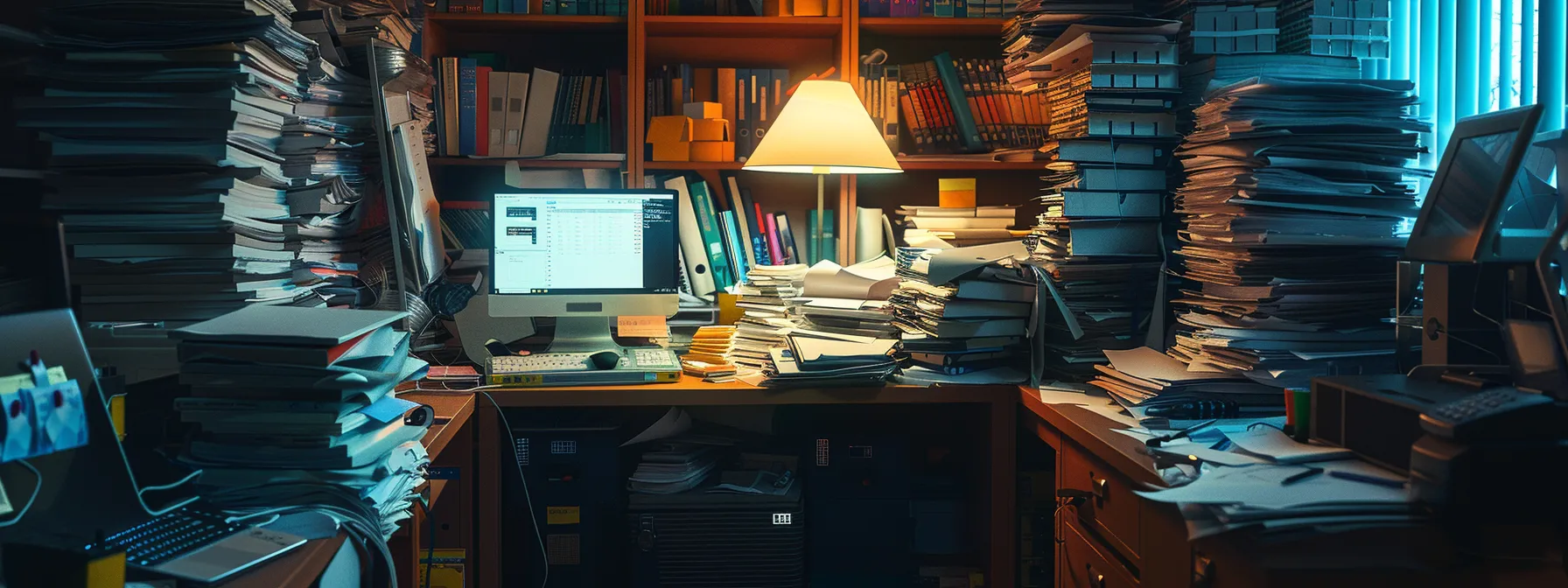 a desk cluttered with stacks of papers, emails, and digital logs, alongside a filing cabinet filled with employee records and performance evaluations, illustrating the diverse types of evidence crucial in workplace conflicts.