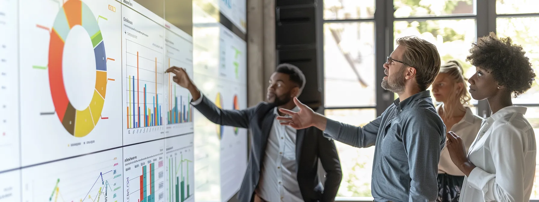 a group of diverse professionals engaging in intense discussion, surrounded by charts and graphs, showcasing strategic thinking in action.