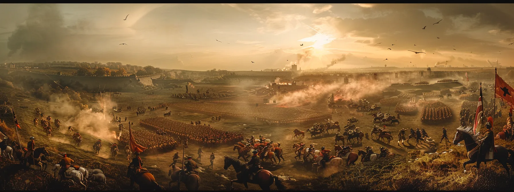 a panoramic view of a battlefield with tactics and strategies laid out by different historical military strategists from sun tzu to napoleon bonaparte to alexander the great.