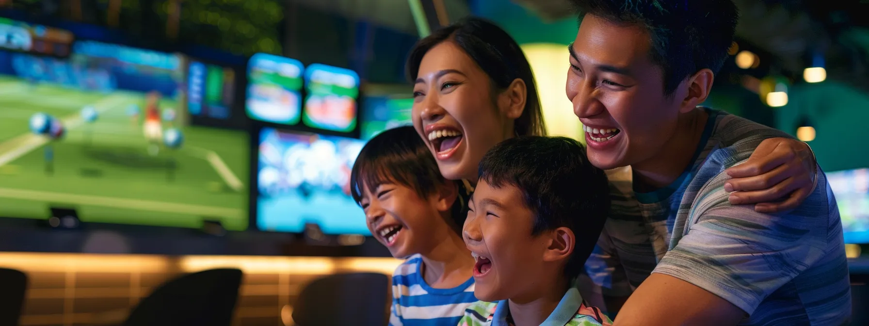 a happy family laughing and enjoying a variety of interactive games and activities at topgolf.